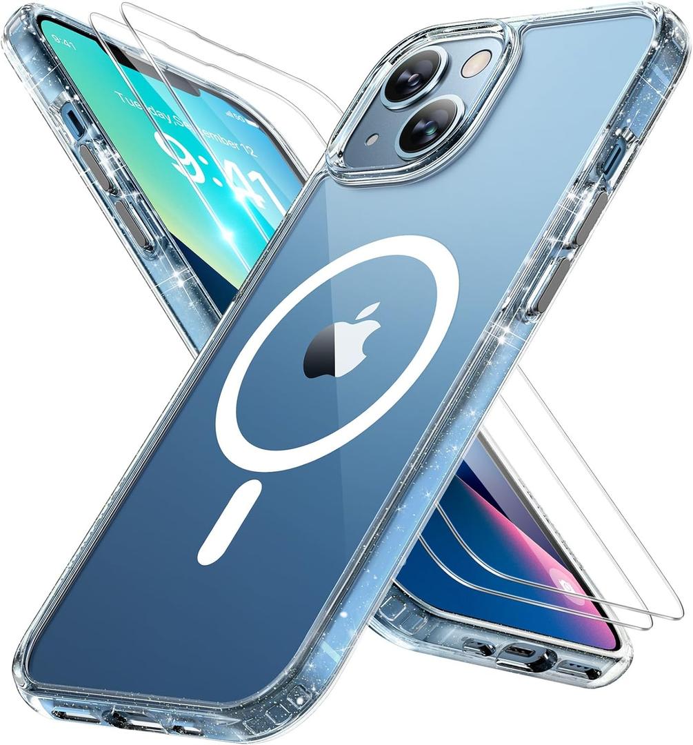 Miracase Magnetic for iPhone 13 Case 6.1 inch (Compatible with MagSafe)with 2X Screen Protectors Military-Grade Protection, Anti-Fingerprint Translucent Matte Phone Case Cover, Glitter Clear
