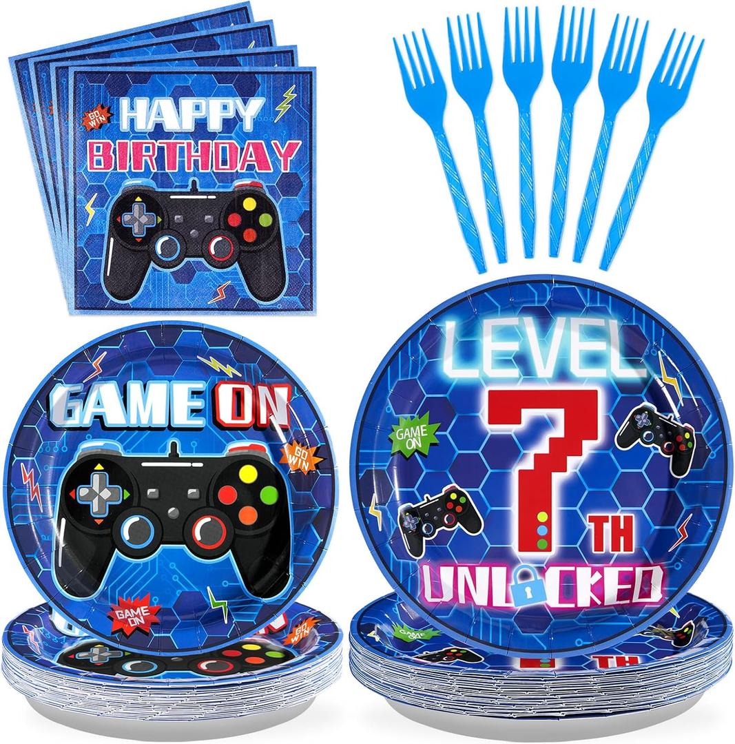 96Pcs 7th Video Game Birthday Party Decorations Blue Video Game Level Birthday Plates and Napkins Tableware Sets for Boys 7 Years Old Gamer Gaming Party Serves 24