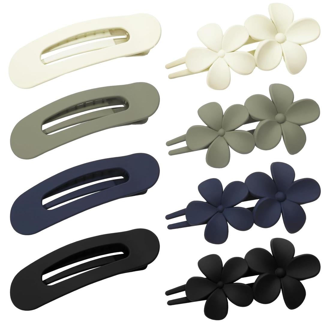 8 PCS Flat Hair Clips, 2 Styles 4 Colors Flat Claw Clips Hair Claws for Women Girls Medium Hair Volume (Black, white, gray, blue)