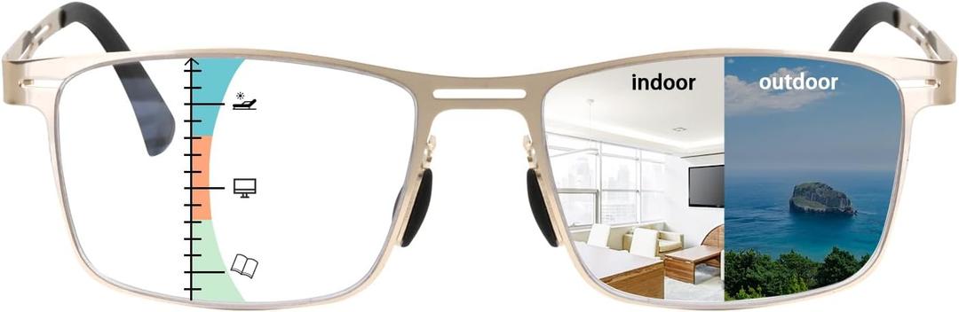 K.LAVER Photochromic Progressive Reading Glasses Multifocus Anti-blue Light Men's Computer Metal Women's Reading Glasses (Gold)