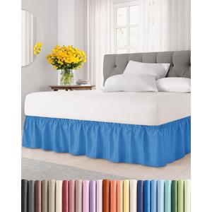 Wrap Around Dust Ruffle Bed Skirt - Royal Blue - for Queen Size Beds w/ 15 Inch Drop - Easy Fit Elastic Strap - Adjustable Pleated Bedskirt w/Brushed Fabric - Wrinkle Free, Women, Men, Kids & Teens