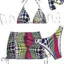 COZYEASE Women's 4 Piece Swimsuits Sexy Bikini Sets Triangle Bathing Suit with Mesh Cover Up Beach Skirt & Bandana (Large, Multicolor Blue)