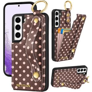 Petitian for Samsung Galaxy S21 Fe Wallet Stand Case - Women Girls Cute Girly Aesthetic Unique Design Leather Credit Card Holder Cardholder Stand Wristband for Galaxy S21 Fe, Brown Polka