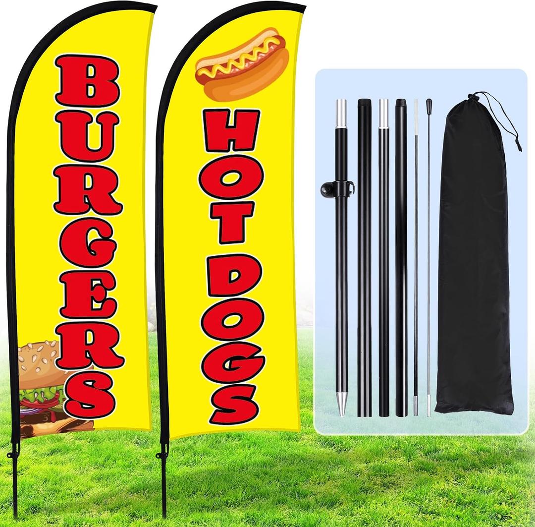 Buryeah 2 Sets Hot Dogs Burgers Feather Flag Banner Kit for Business Advertising 8 ft Swooper Flag with Pole Ground Stake Portable Bag Outside Hot Dog Sign for Restaurant Advertising Business (Yellow)