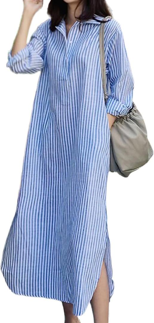 chouyatou Women Casual Long Sleeve V Neck Striped Shift Dress Loose Long Maxi Cotton Shirt Dress with Pocket (Medium, Blue)