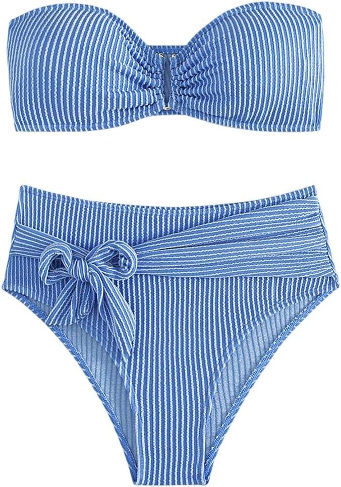 WDIRARA Women's 2 Piece Bikini Set Rib Knit Strapless Knot Front High Waist Swimsuit Set Solid Blue Large