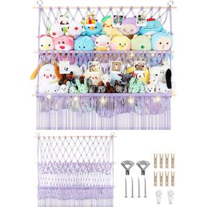 2 Tier Stuffed Animal Storage Shelf Net 35x30'' Large Stuffy Storage Purple | 2.4/1'' Dense Mesh for Mini Medium Plush Teddy,Boho Macrame Stuffed Animal Holder Display w/ Lights & Clips for Nursery Decor