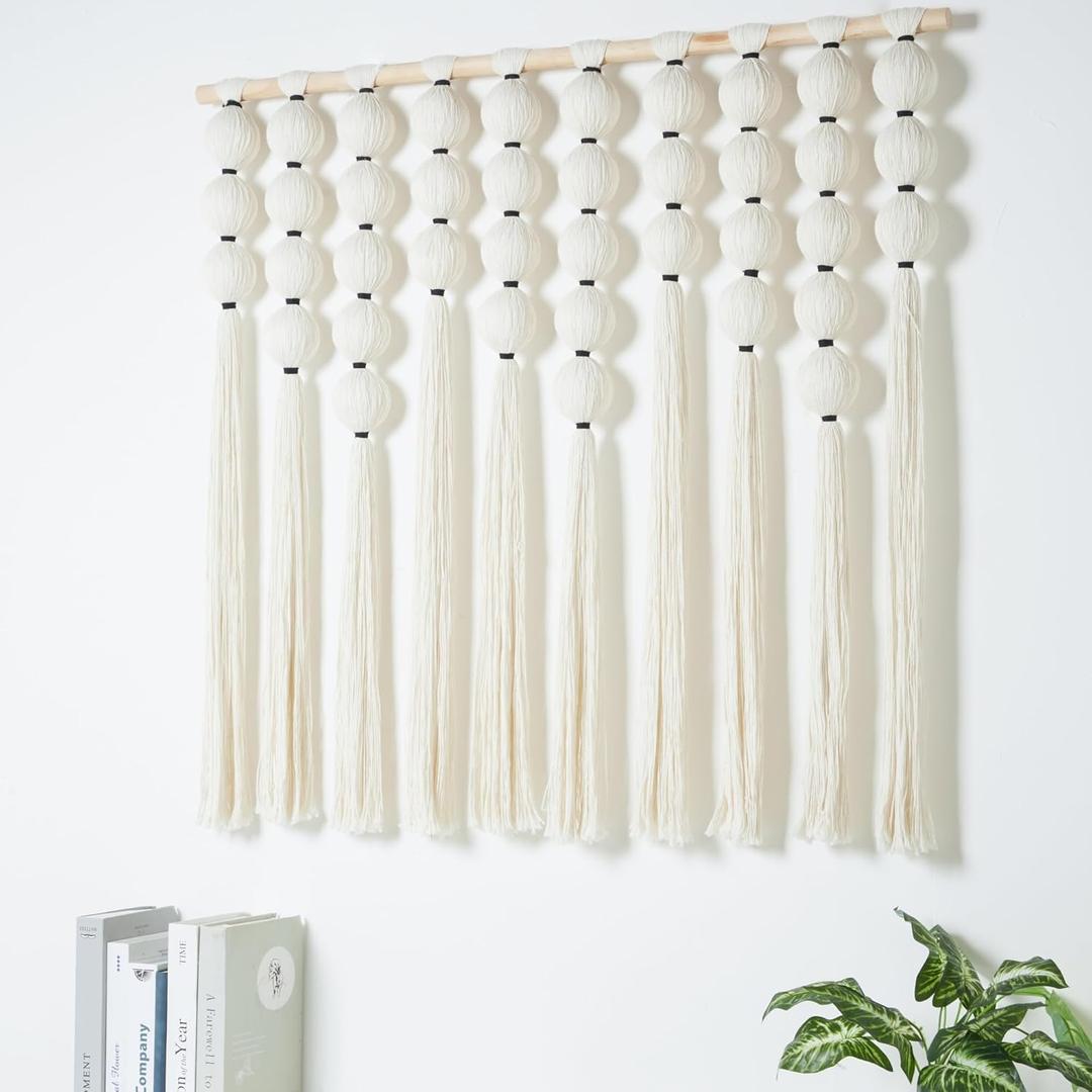 RUIZHIXUAN Large Macrame Wall Hanging Macrame Ball Wall Hangings Tapestry Cotton Textile Boho Wall Decor Art Bohemian headboard Handwoven 39" Wx38 L(Cream)