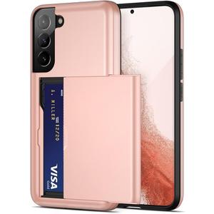 Jiunai for Samsung S22 Case, Galaxy S22 Case Credit Card IDs Cash Holder Shell Wallet Case Slide Cover Dual Layer Hard PC Rubber Cover Phone Case for Samsung Galaxy S22 5G 6.2'' 2022 Pink