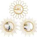 3 Pack Metal Mirrors for Wall Sunburst Wall Mirrors Home Décor Decorative Hanging Wall Art for Living Room Bedroom Entryway (Gold, Flower+Sunburst)