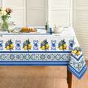 Horaldaily Summer Tablecloth 52×70 Inch Rectangular, Vintage Classical Lemons Jasmine Leaves Blue Yellow Washable Seasonal Table Cover for Party Picnic Dinner Decor