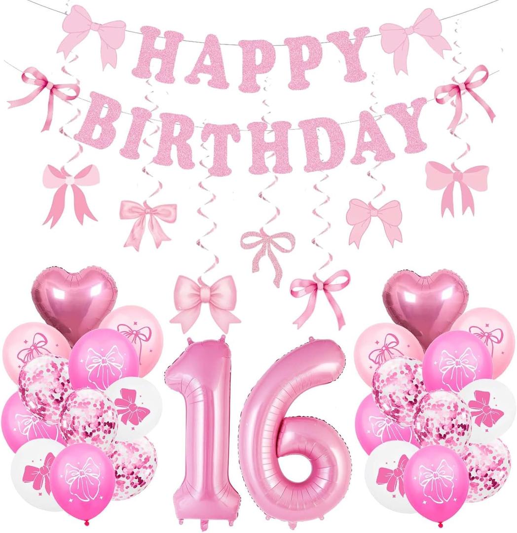 Pink Bow 16th Birthday Decorations for Girls, Sweet Bow Themed Happy Birthday Party Supplies Set Including Happy Birthday Banner, Number 16 Foil Balloons, Sweet Bow Balloons and Hanging Swirls