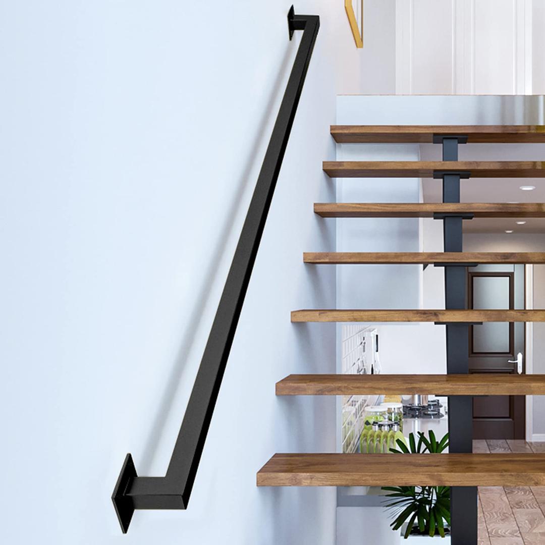 2FT Black Iron Hand Railing, Sturdy Safety Staircase Handrails Wall Mount, 500lbs Load Capacity Industrial Iron Railing Pipe Handrail for Indoor Stairs Outdoor Deck Loft Porch, Non-Slip and Rust