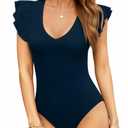 MANGOPOP Women's Deep V Neck Ruffle Sleeveless Body Suits Tank Top Bodysuit Going Out Sexy Fitted Summer Trendy Outfits, Deep Blue, X-Large