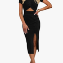 oten Women's Summer Short Sleeve Cutout Twist Front Side Slit Ribbed Knit Party Club Bodycon Midi Dresses, XS, Black