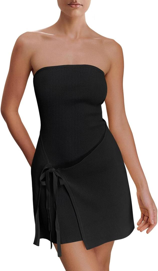 Wenrine Womens Sexy Tube Top Dress Strapless Self Tie Wrap Asymmetrical Hem Knit Summer Party Mini Dresses B-Black Small