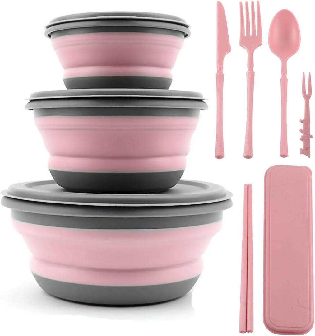 Collapsible Bowl, 3 Pcs Food Grade Silicone Camping Bowl, Expandable Salad Bowl Lunch Box with Lid & Tableware for Travel and Picnic (Pink)