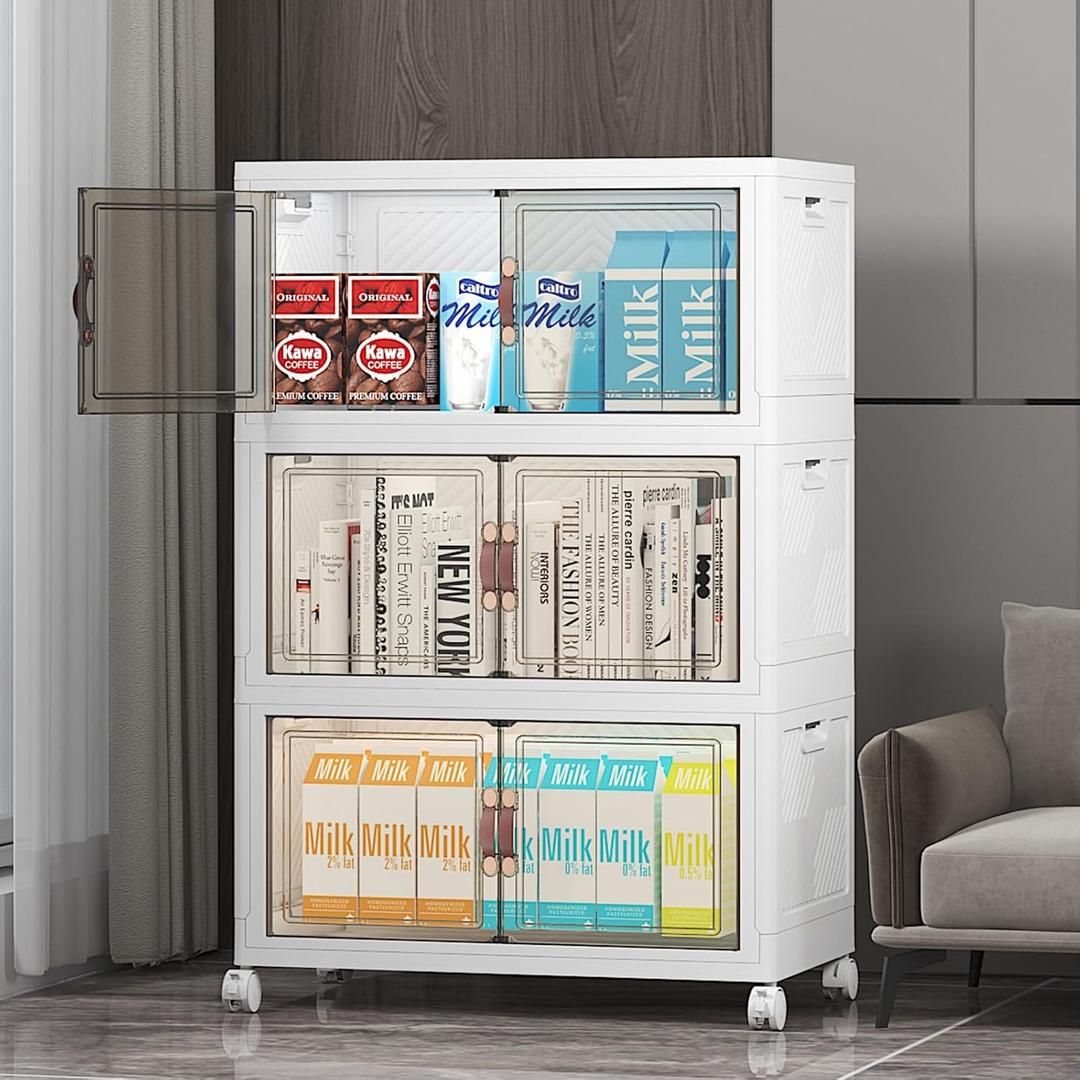 Stackable Storage Bins with Lid, 156QT Plastic Cabinet with Wheels | Large Capacity, Magnetic Door, Stack Lock, Rolling Wheels, Foldable Design, Organizers and Storage for Bedroom Dorm Garage
