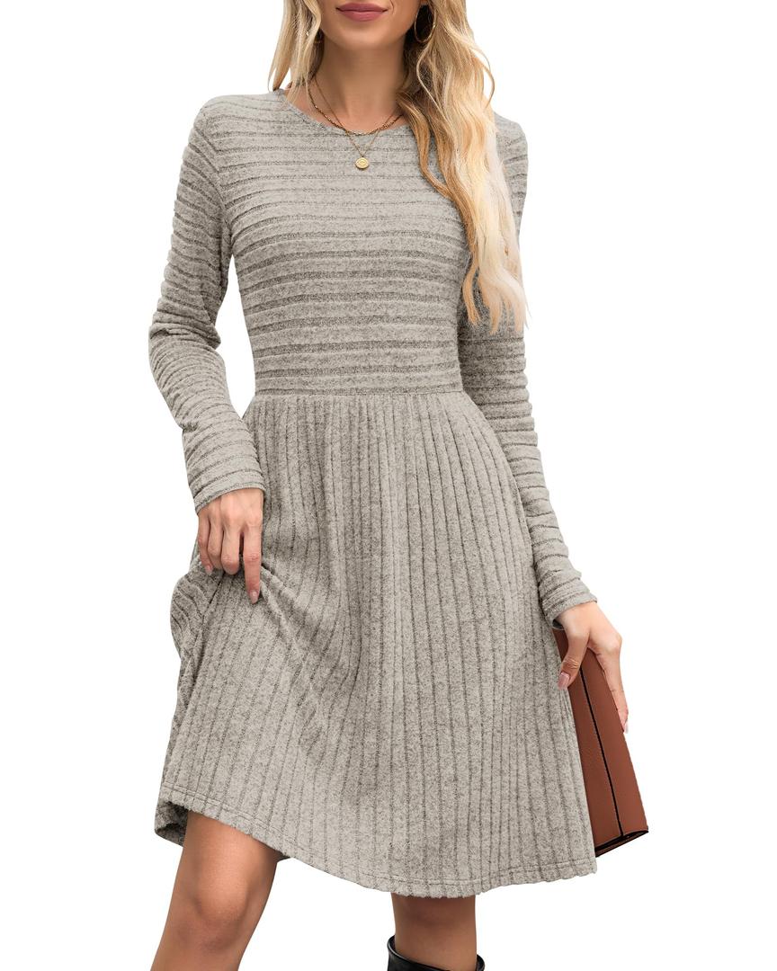 WNEEDU Fall Dresses for Women 2025 Long Sleeve Sweater Dress with Pockets - Casual Knit Crew Neck Winter Outfits(Khaki,2XL) (XXL)