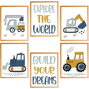 BearCake Toddler Boy Construction Room Wall Decor for Boys Toddler Room Playroom Nursery Set of 6, 8x10 Inches (children-excavators-8x10)