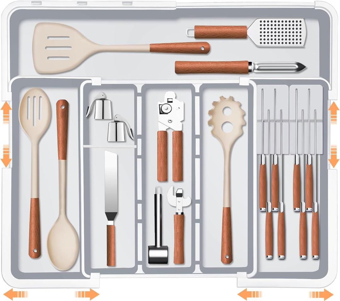 Homecor Large Utensil Organizer for Kitchen Drawer, Expandable Silverware Drawer Organizer Cooking Tray, Cutlery and Flatware Utensil Holder Kitchen Spatula Tools Storage with 3 Dividers, Grey