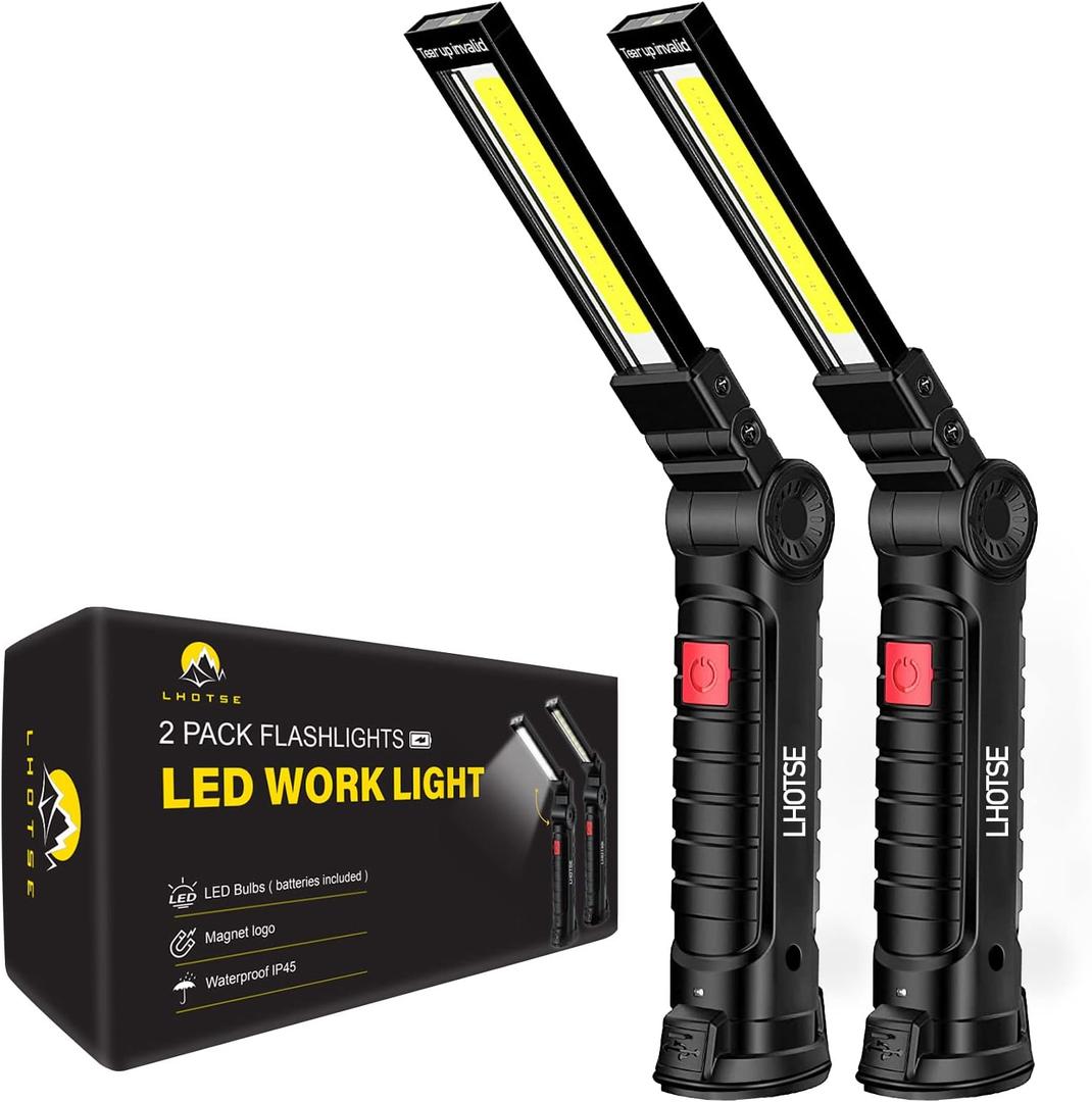 LHOTSE Tool Gifts for Men Dad Him, Rechargeable Work Lights, LED Work Light with Magnetic Base & Hanging Hook, 360Rotate Rechargeable Flashlights for Mechanics Car Repair Home, Camping (2 Pack)