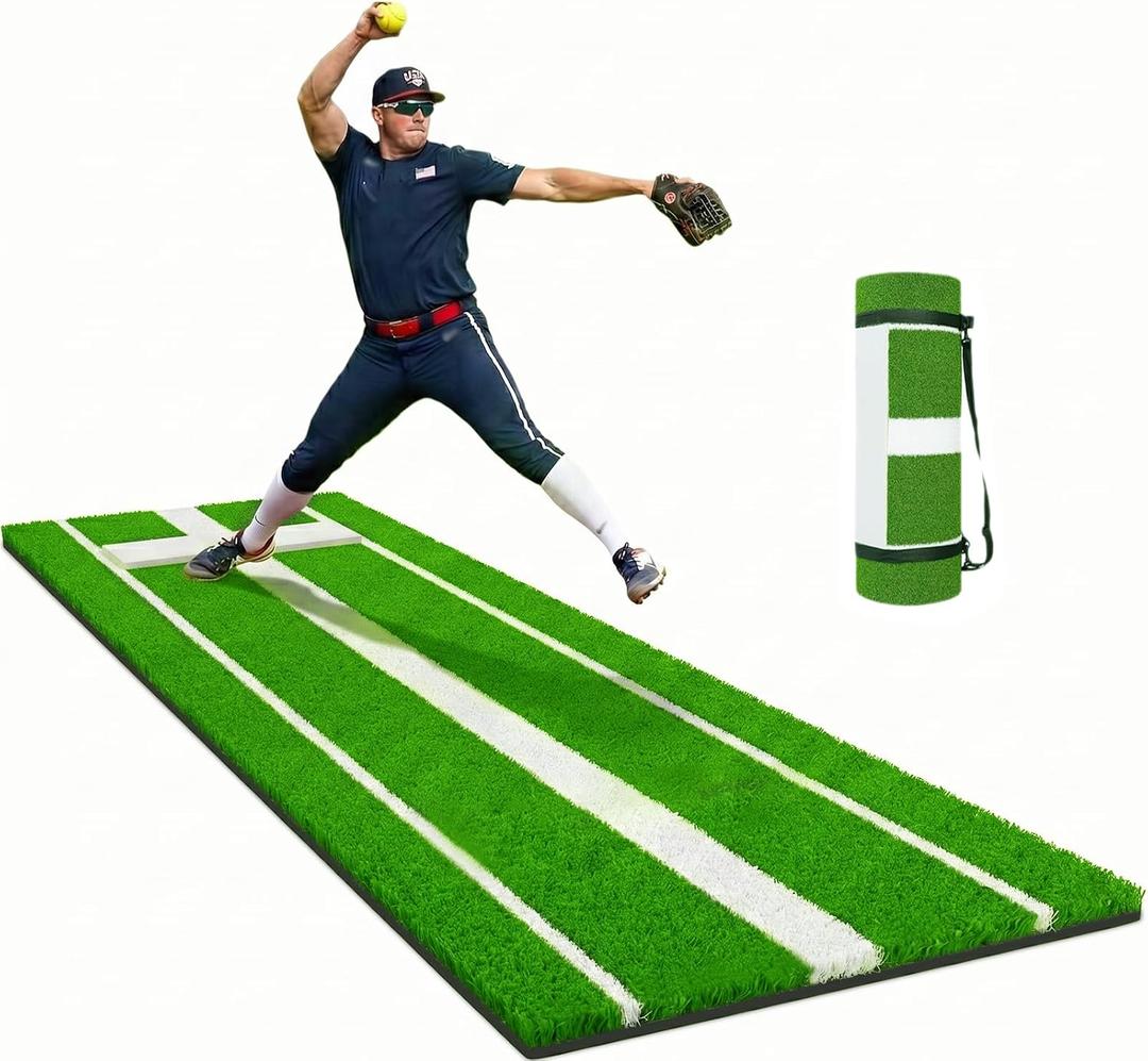 Softball Pitching Mat with Pitching Rubber & Stride Line, Denser Antifade Turf, Antislip EVA Bottom 10ft x 3ft, Indoor/Outdoor Training Aid
