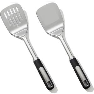 Stainless Steel Spatula Set, 2 Piece Heavy Duty Metal Turner Set, Thickened Solid & Slotted Spatula for Cooking, Heat Resistant Kitchen Utensils for Frying Fish, Eggs, Steak or Pancakes