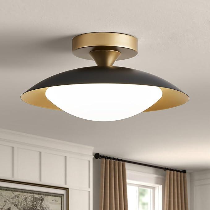 Dimmable Small Mid Century Modern Flush Mount Ceiling Light with Acrylic Shade, Black and Gold LED Ceiling Lights,5CCT 2700K-6000K Light Fixture for Hallway Entryway Bedroom Kitchen Laundry Room 11.8in