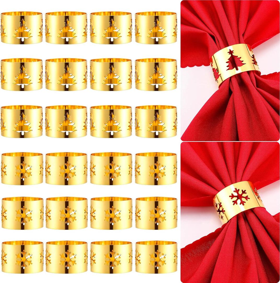 24 Pcs Christmas Napkin Rings Set Snowflake Xmas Tree Hollow Napkin Gold Holders Xmas Kitchen Table Rings Holders for Christmas Dinner Table Supplies