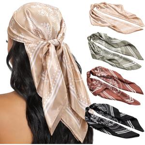 HBselect 4PCS Head Scarf for Women 35 Head Scarves Silk Like Satin Neck Scarfs Square Bandana Hair Wraps Scarf for Sleeping (Black, Light Green, Brown, Khaki)
