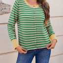 Saodimallsu Womens Striped Cardigan Sweaters Button Down Lightweight Color Block Crewneck Long Sleeve Knit Fall Cardigan (Green)