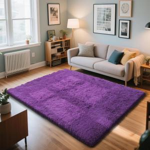 Purple Fluffy Rug Shaggy Area Rug, 4x6 Area Rugs for Girls Bedroom, Soft Cute Baby Play Mat, Indoor Floor Carpet for Teen, Nursery, Preppy Dorm, Plush Aesthetic Bedside Rug
