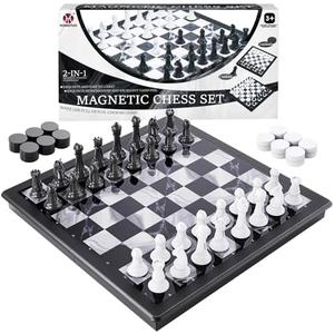 2-in-1 Chess Set and Magnetic Checkers Set - Foldable 13-inch Travel Board Game, Durable Plastic, Puzzle and Strategy Toys for Kids and Adults