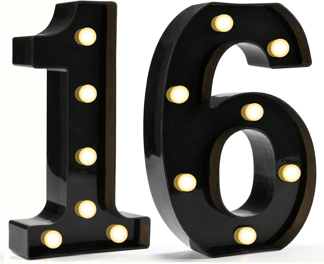 Pooqla Decorative Led Light Up Number Letters, Black Plastic Marquee Number Lights Sign for 16th Birthday Party Wedding Decor Battery Operated Black Decoration 16