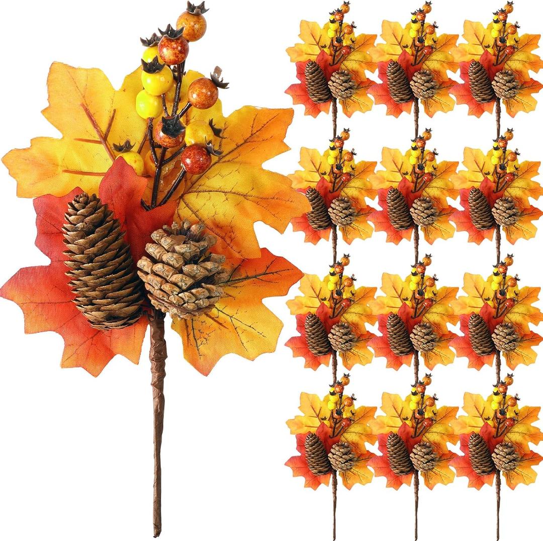12 Pack Fall Stems Artificial Berry Picks Fall Picks with Maple Leaves Pine Cone Branches Decorations for Harvest Autumn Thanksgiving Day Flower Arrangements Wreaths Indoor Outdoor Home Decor (8.66 Inch)