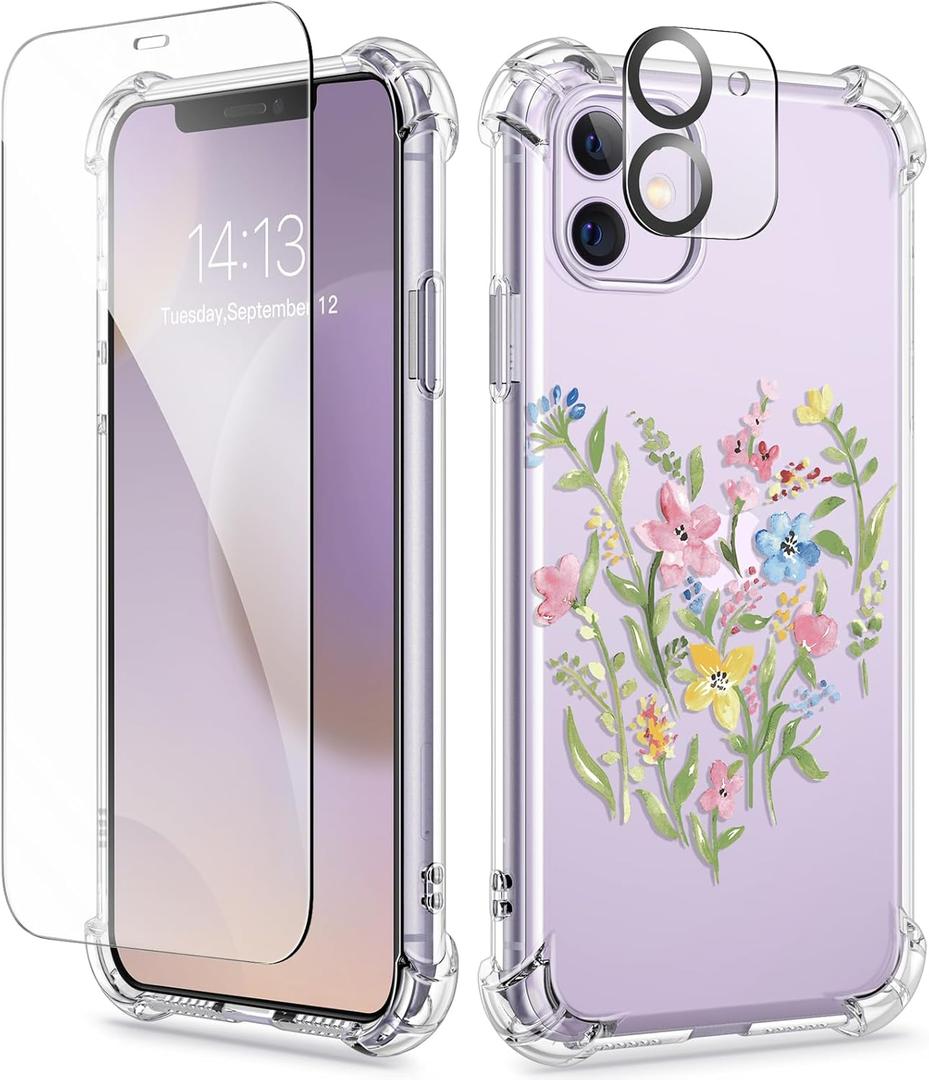 GVIEWIN for iPhone 11 Case Floral, with Screen Protector&Camera Lens Protector,[Non Yellowing] Soft Shockproof Clear Phone Protective Cover for Women, Flower Pattern Design 6.1"(Bloomcore/Green)