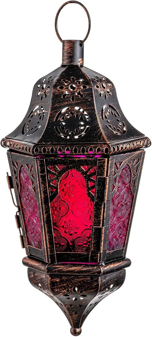 DECORKEY Moroccan Decorations, Lantern Decorative Indoor & Outdoor, 13.6 Vintage Decorative Hanging Lantern with Chian for Home Porch Patio Decor, Metal Ramadan Christmas Candle Holders(Plum Red)