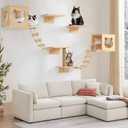PETKABOO Cat Wall Shelves and Perches, Pine Wooden Cat Wall Furniture Climbing Shelves with Climber, Condo, Scratching Post, Ladder & Platform