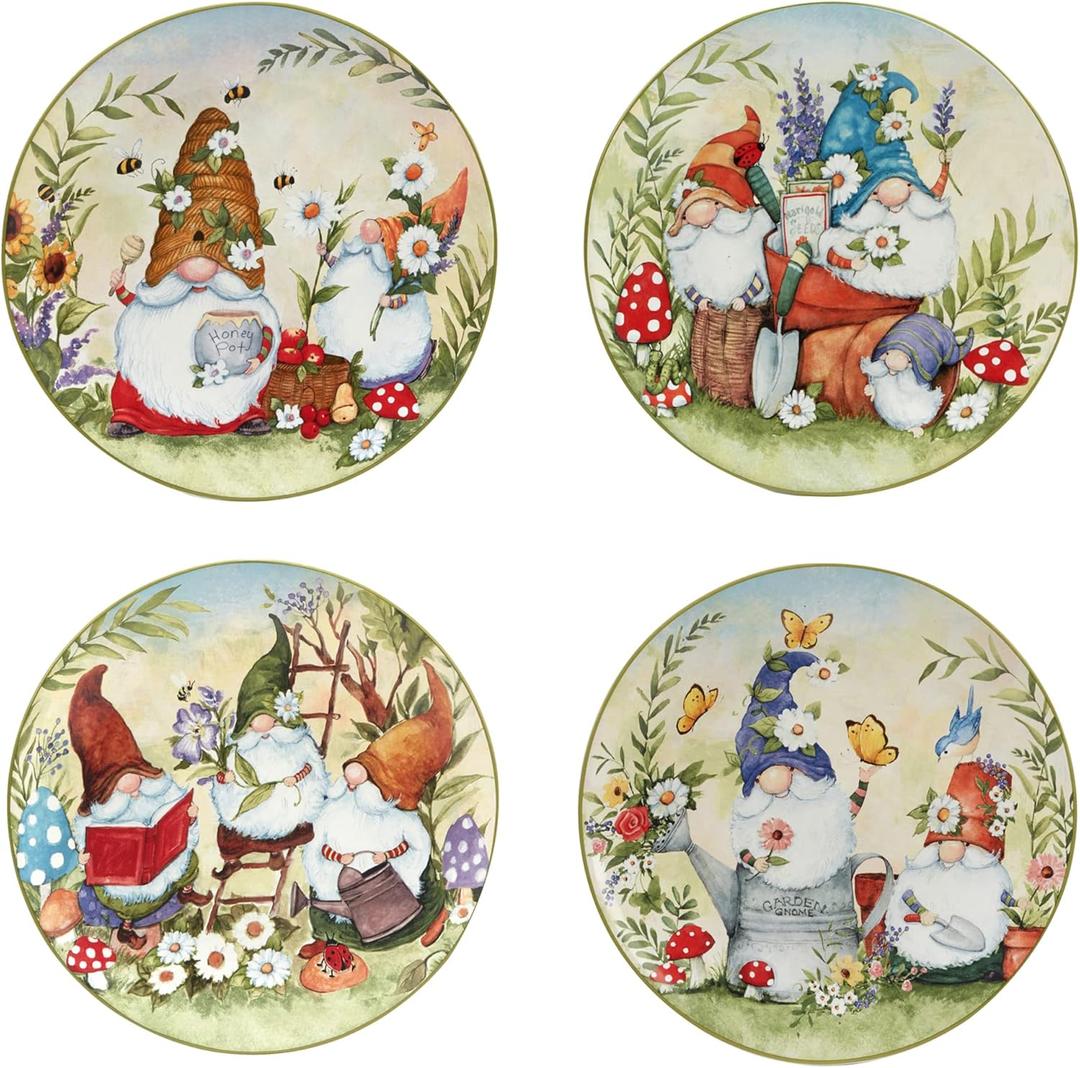 Certified International Garden Gnomes 11" Dinner Plates, Assorted Designs, Large, Multicolor, Set of 4