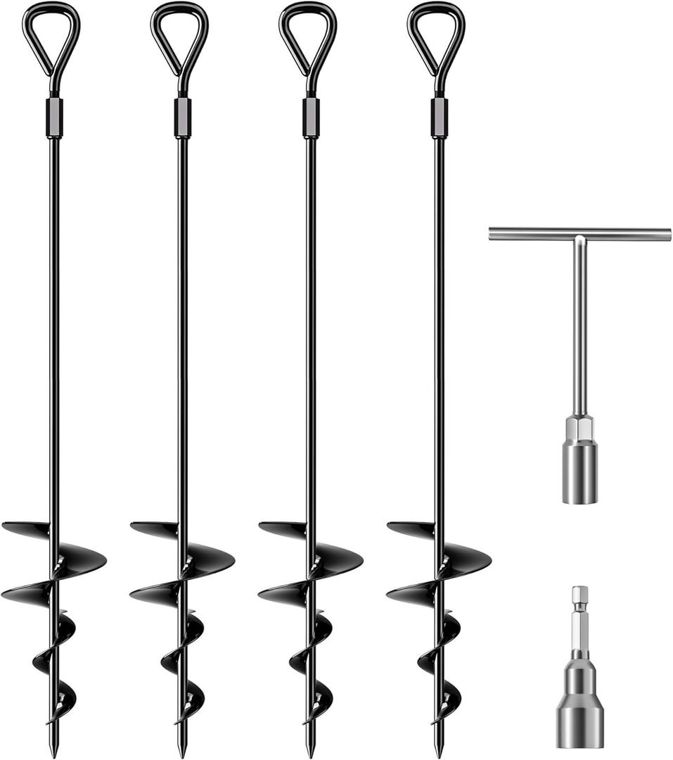 Phopich 18''/30" Long Ground Anchor, Heavy Duty Earth Anchors Ground Anchors Screw in Kit with T-Handle Hex Wrench for Camping Tent, Swing Sets, Securing Animals, Sheds, Trampoline, Black 
