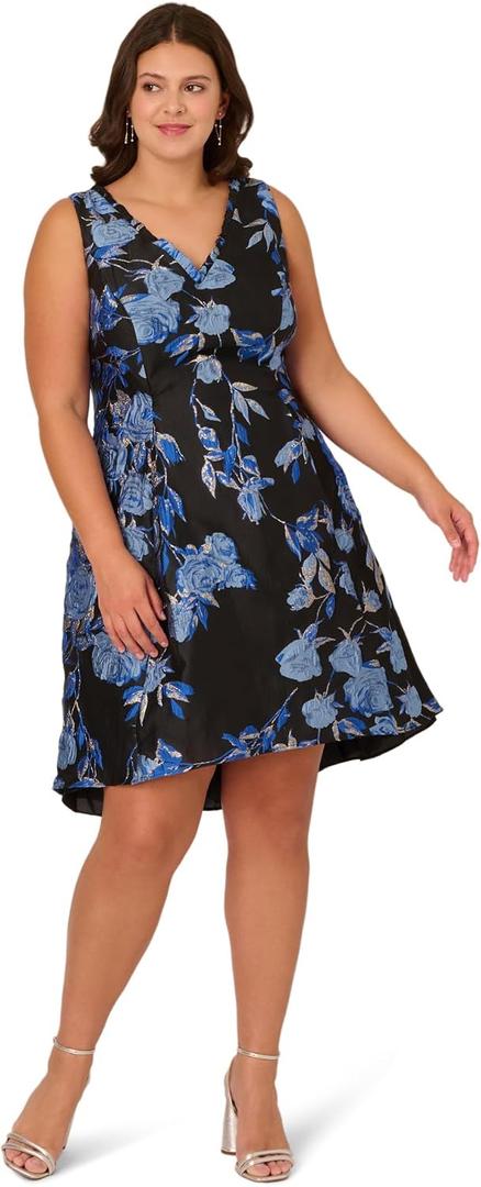 Adrianna Papell V-Neck MIDI Jacquard Dress Blue/Black Multi 18