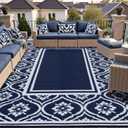 Outdoor Rug 8x10 Patio Camping Carpet Waterproof Mat Blue Outside Plastic Area Rug Reversible Rugs for RV Deck Entrance Porch Picnic Balcony Beach (8x10ft Navy Blue & White)