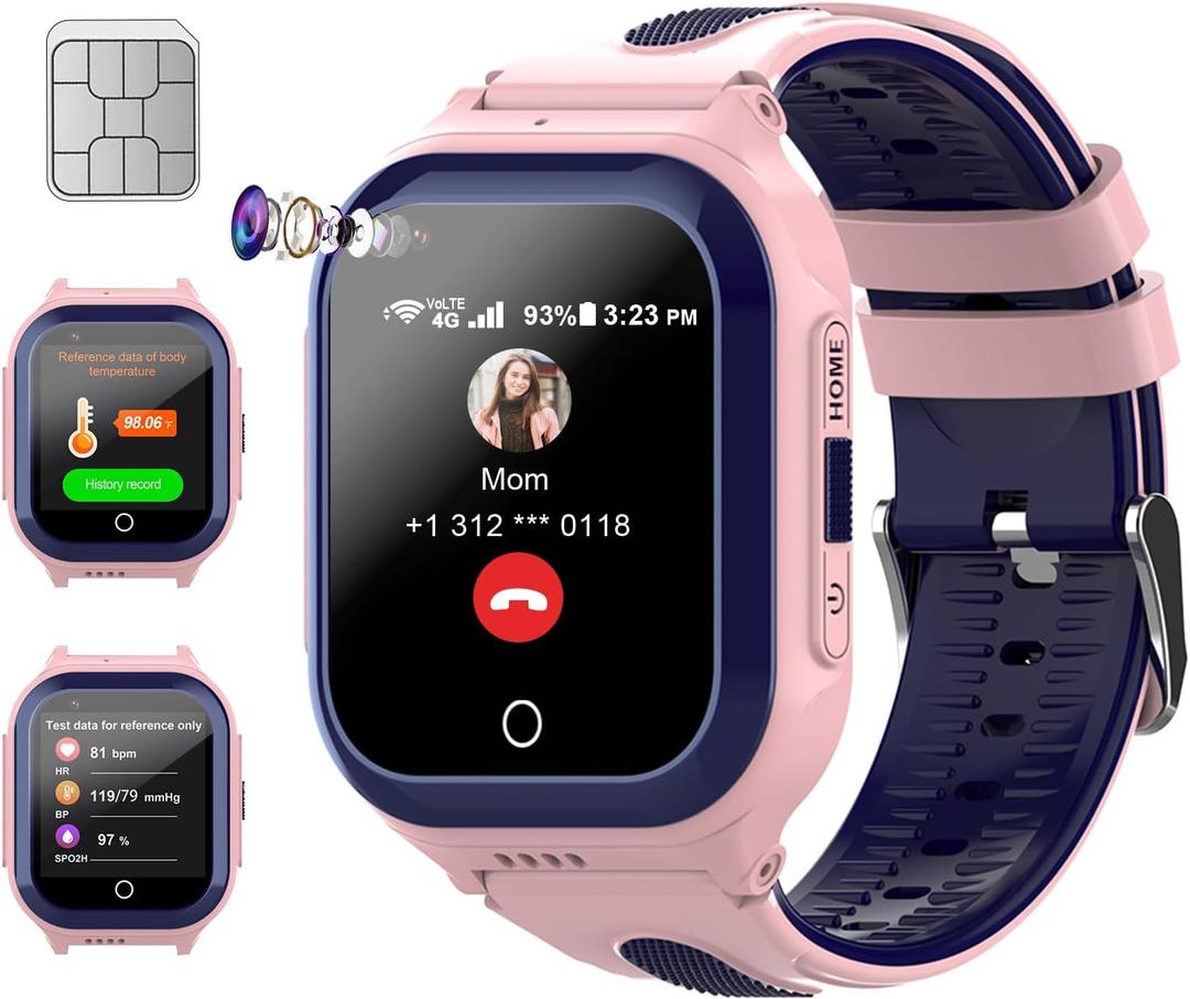 Wonlex 4G Kids Smartwatch with SIM Card, 1.4" GPS Smart Watch for Kids, Boys Girls Phone Watch with Temperature HR BP Monitor, Video Calls, SOS, Camera, Pedometer, Alarm, Music Player(Pink)