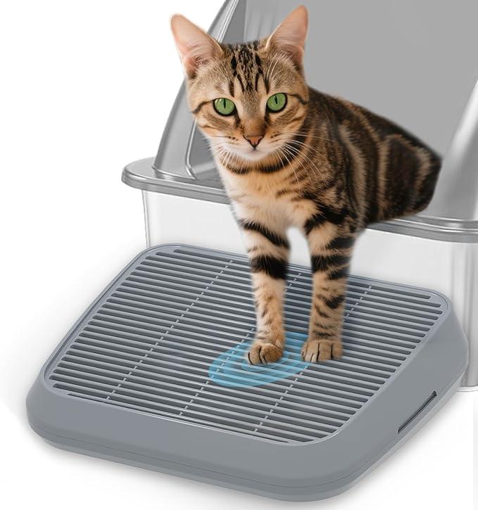 Cat Litter Box Ramp, Antisplash Cat Litter Box Step Tray, Double Layer Kitty Trapping LitterBox Mat Catcher Stair for Kittens Senior Cats, 13.78x11.8in (Gray