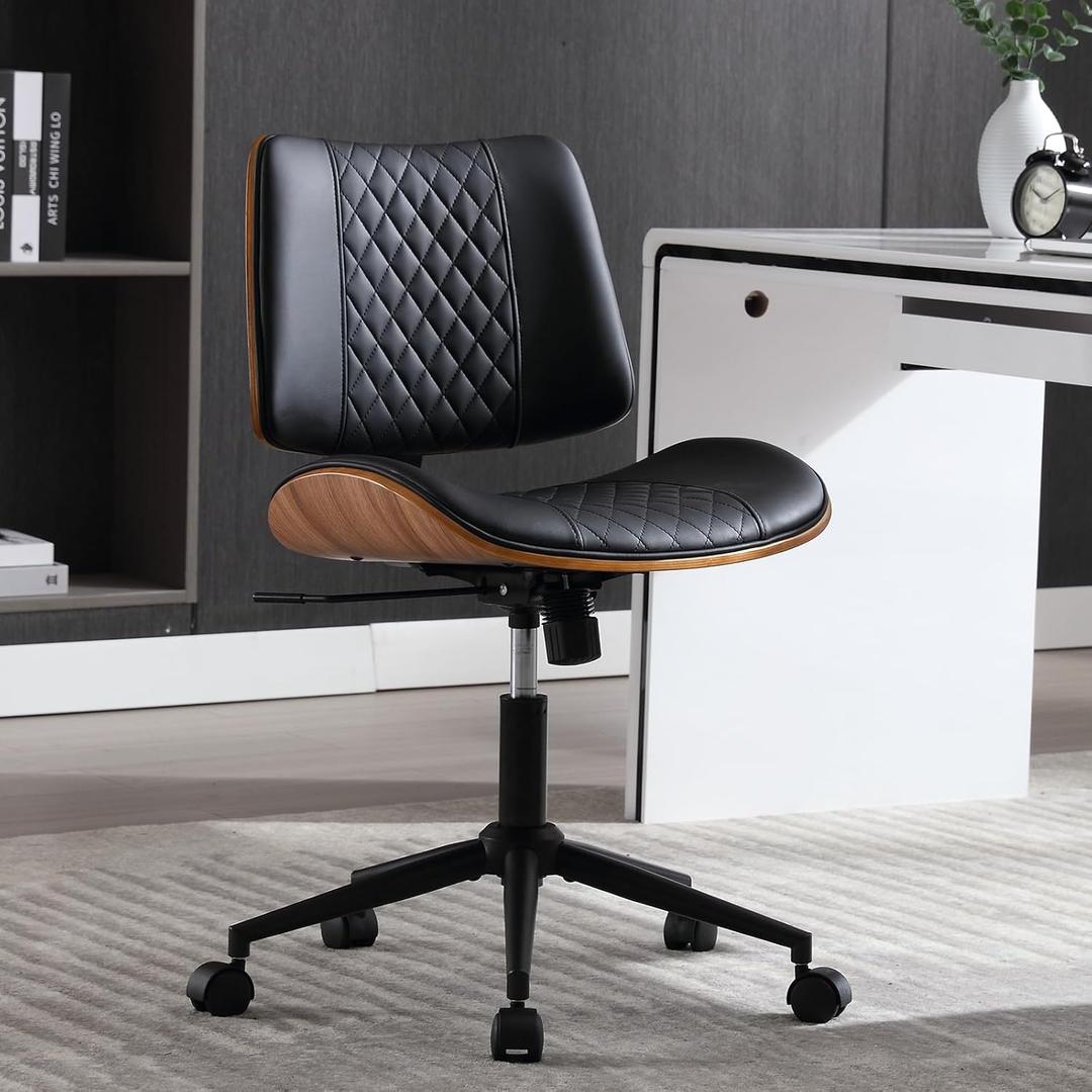 Home Office Chair No Arms with Wheels, Adjustable Height Small Desk Chair, PU Leather Mid Back 360 Swivel Computer Chair, Armless Modern Walnut Chair for Office, Reading Meeting Room(Black) (MCM Style)