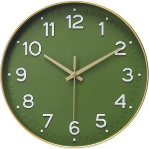 MEIRED Wall Clock 12 Inch Silent Non Ticking Battery Operated Round Wall Clock Modern Simple Style Decor Clock for Home/Office/School/Kitchen/Bedroom/Living Room, Olive Green and Gold
