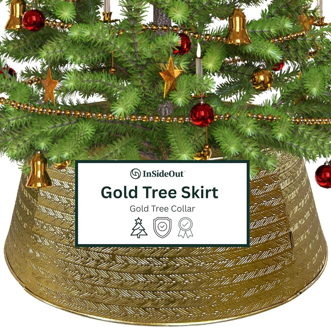 Inside Out Home 4-Panel Metal Christmas Tree Collar - Stylish Holiday Tree Skirt Alternative - Durable Metal Construction Base Cover - Protects Tree Base from Pets - Easy Assembly - Gold
