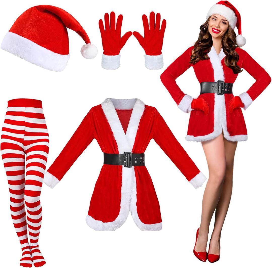 Funtery 5 Pcs Santa Claus Costume Women Christmas Suit Including Velvet Dress with Belt, Hat, Striped Tights, Velvet Gloves (XX-Large, Red)