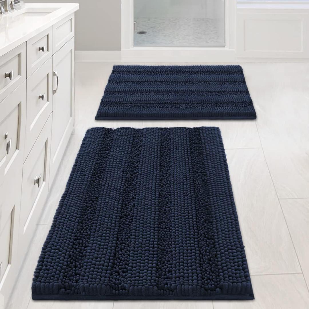 H.VERSAILTEX Navy Blue Bathroom Rugs 2 Piece, Bath Mat Set Slip-Resistant Extra Absorbent Soft and Fluffy Striped Chenille Bath Rugs, Floor Mats Dry Fast Machine Washable (20" x 32"/ 17" x 24")